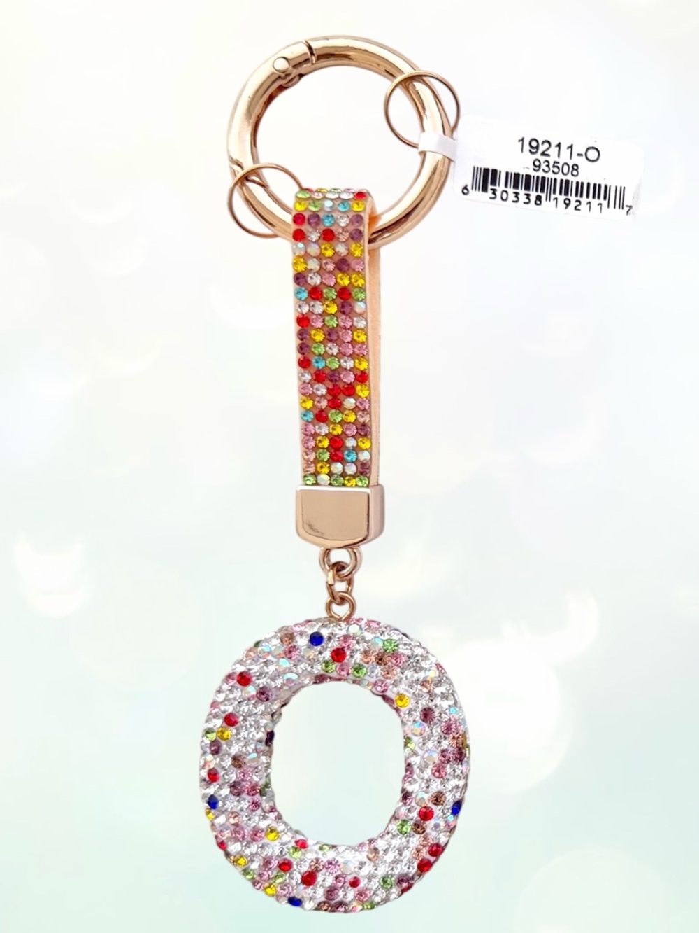 Rainbow Multi-Color Crystal Letter “O” Gold Tone Bling Keychain